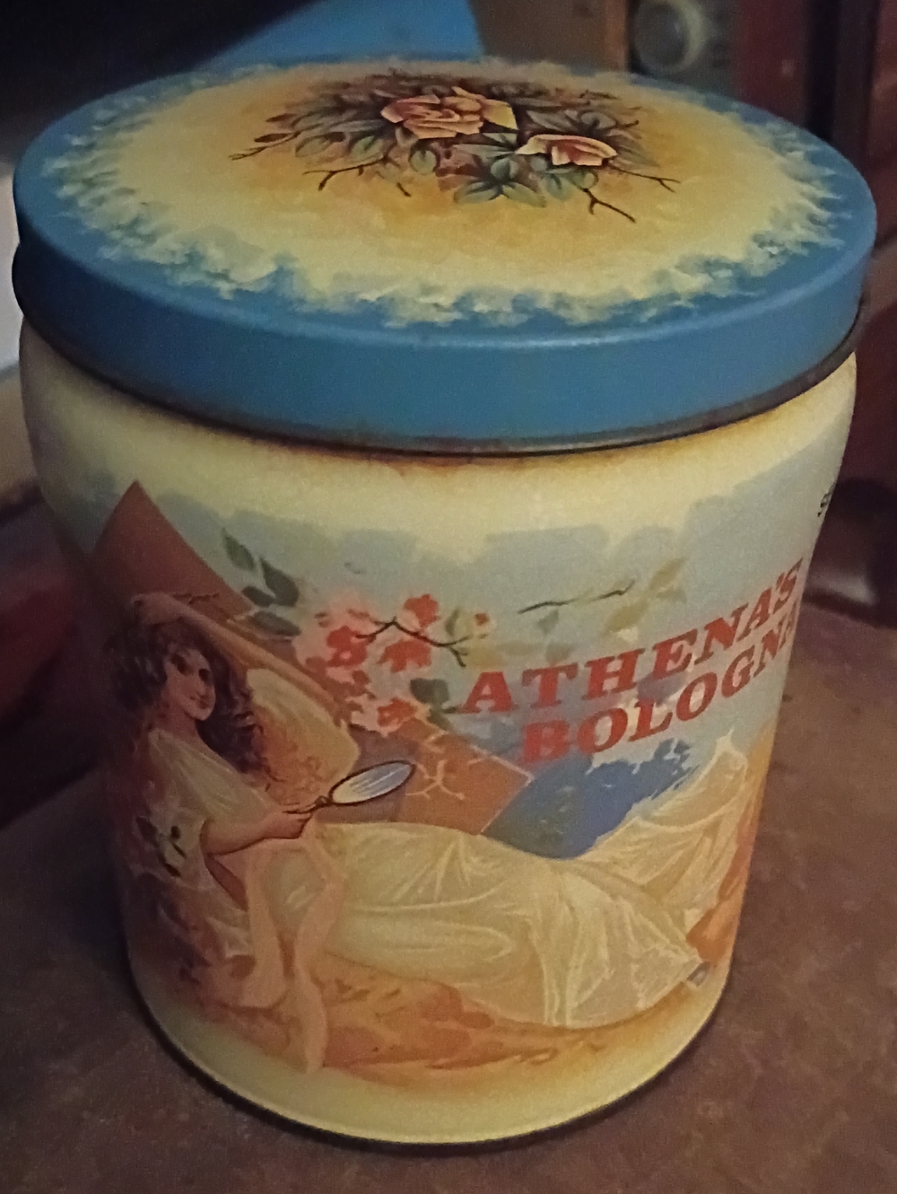 Vintage-Style Decorative Tin in Blue & Cream